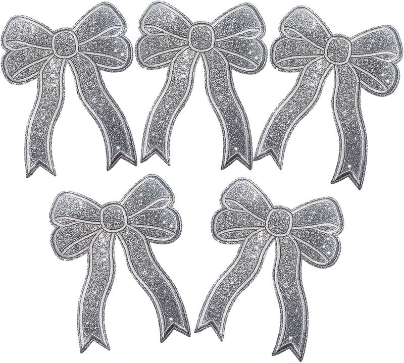 CY Iron On Patches Glitter 5Pcs Sweatshirt Side Bow Embroidered Patch Cute Sequin Applique Sew On Fabric Shiny DIY Decorative Accessories Lovely for Girls Women Clothes Backpacks Jackets,Silver - Image 1